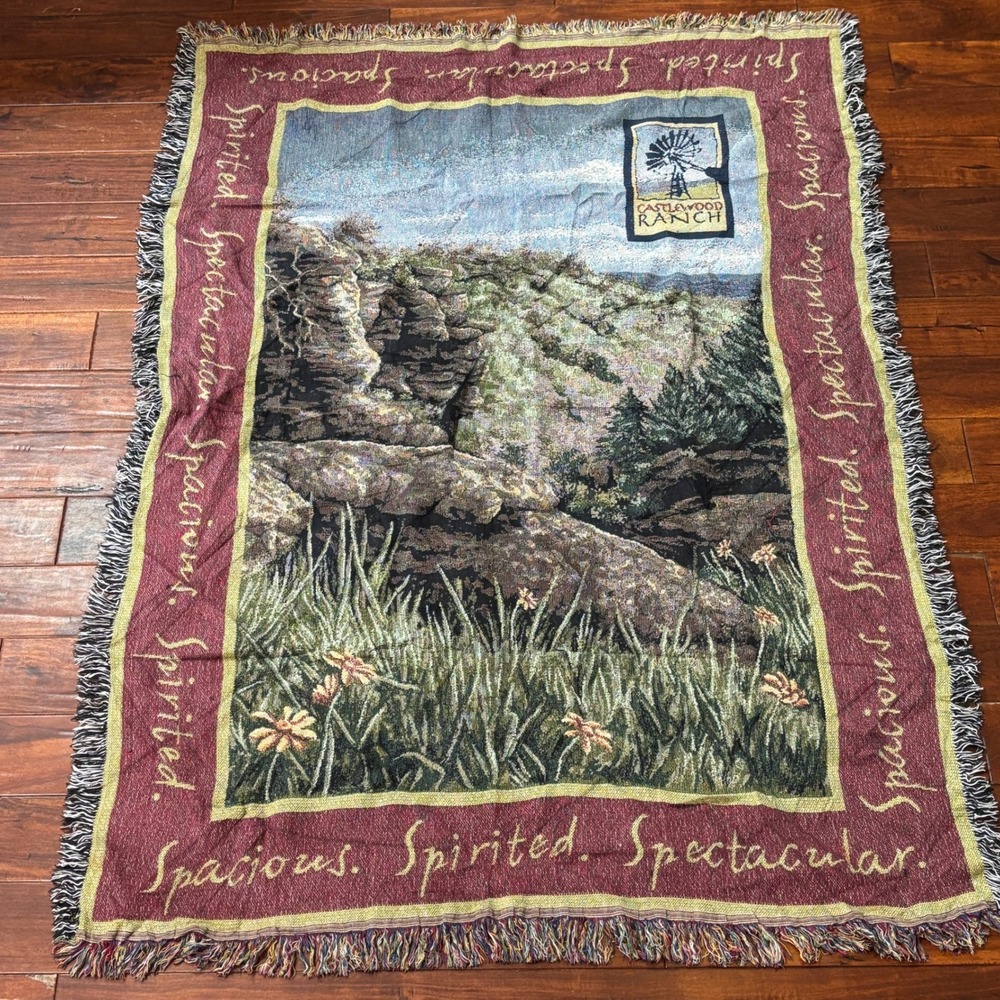Vintage Castlewood Ranch Woven Tapestry Throw Blanket Scenic Landscape Windmill